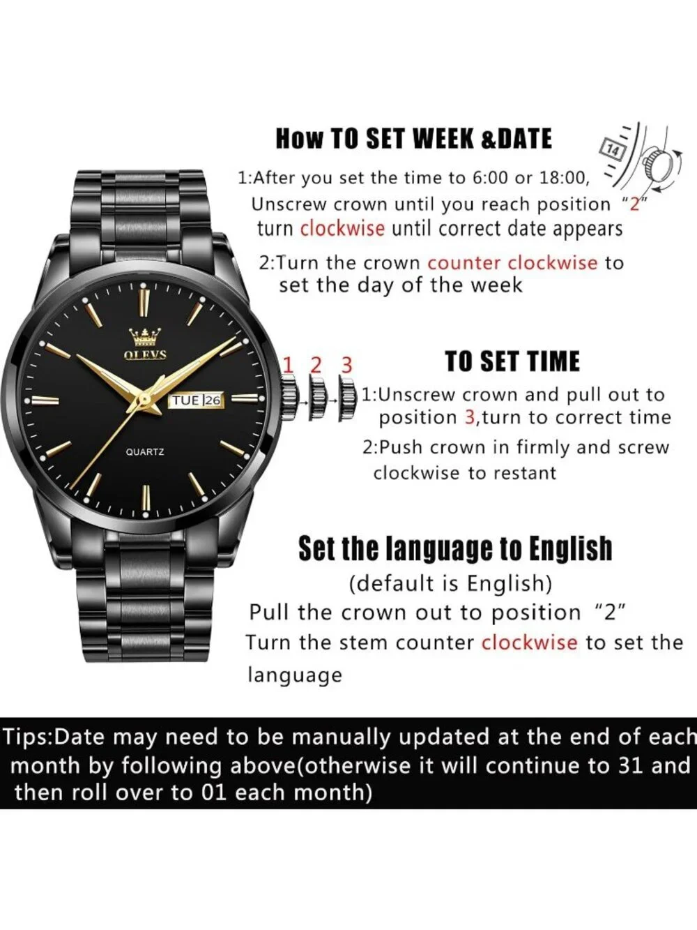 Men's Black Stainless Steel Solid Luminous Quartz Waterproof Round Classic Watch